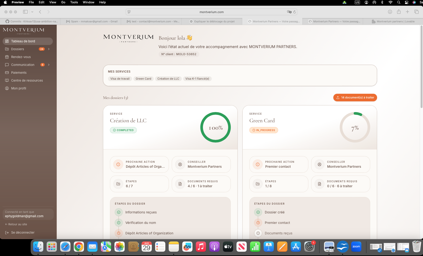 Tableau de bord du portail client Montverium Partners sur ordinateur